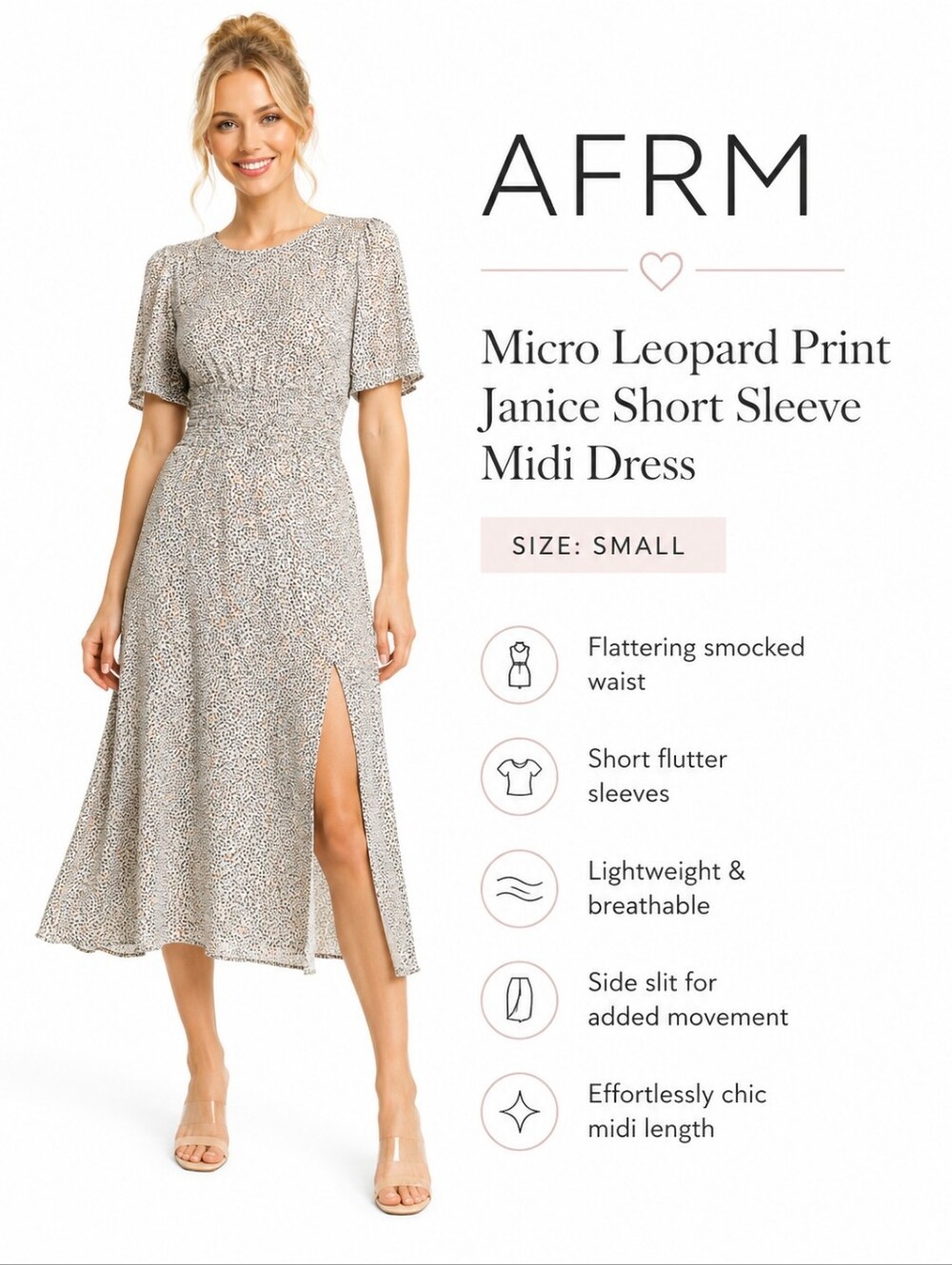 AFRM Women's Micro Leopard Print Janice Short Sleeve Midi Dress Size Small